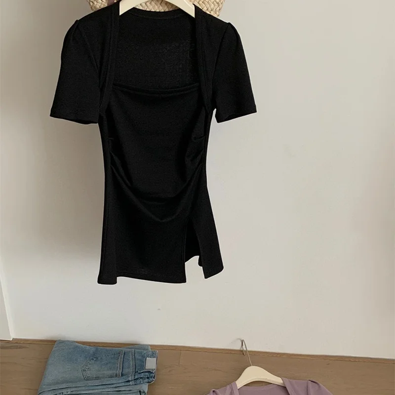 T-Shirt estiva con colletto quadrato in stile coreano maglietta Sexy da donna Femme Skinny Slim Basic Tshirt abbigliamento donna Top