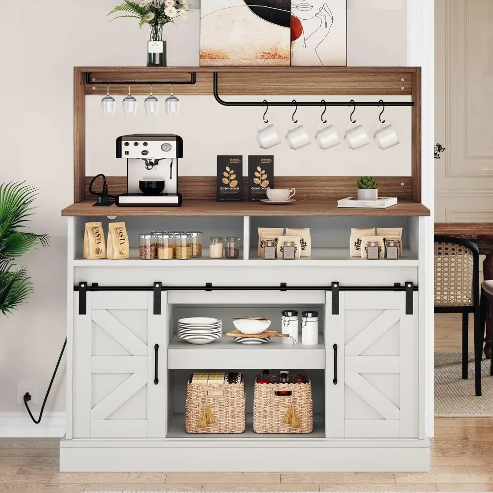 Farmhouse buffet cabinet with storage cabinet, sliding barn door, and tableware cabinet with high cup holder