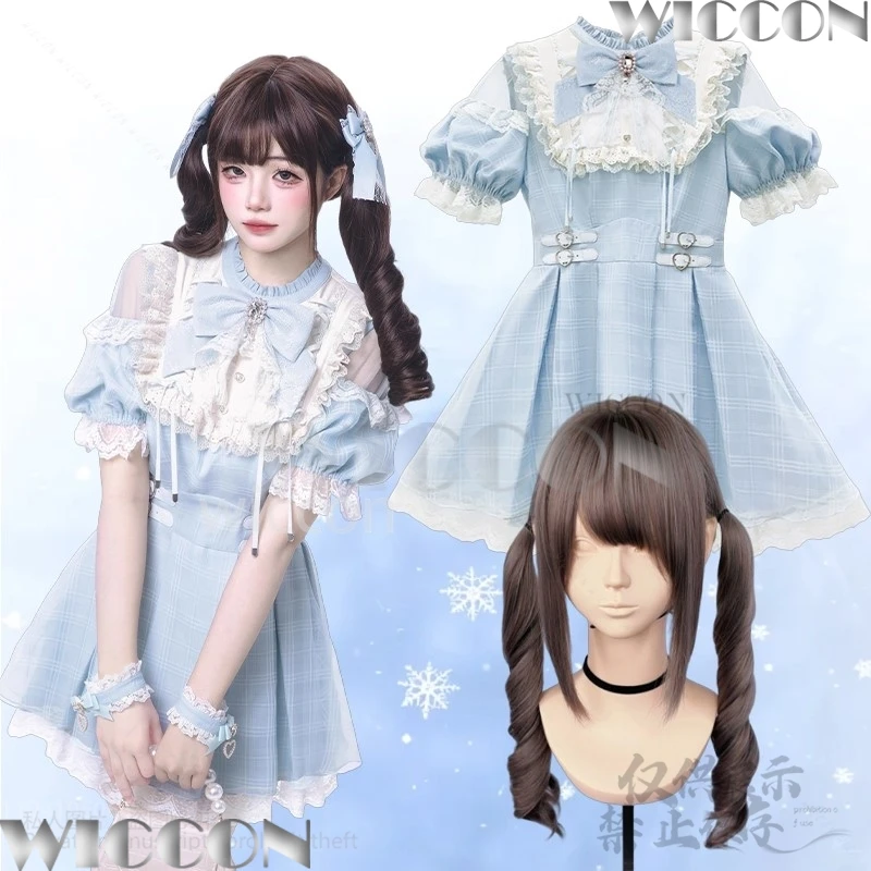 

Anime Japanese Jirai Kei Girl Cosplay Aqua Sweet Lolita Bow Lace Ruffles Off Shoulder Gothic Y2k Kawaii Halloween Carnival Party