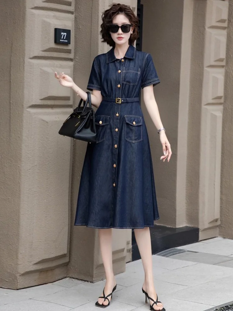 Novo Mulheres Verão Vestido jeans fino Moda Gola virada para baixo Peito único Cintura fina Vestido longo Simplicidade Casual Vestido de camisa