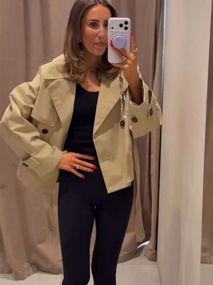 New Women Short Trench Coat Lapel Epaulet Belted Waist Cinched Cropped Windbreaker Double Breasted Vintage Casual Outerwear