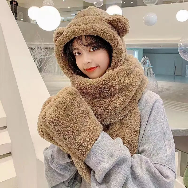 

1PC Cartoon Hat for Girls Scarf Thicken Cap Winter Hat for Kids Adults Plush Rabbit Ear Animal Hat Glove Scarf Bear 3-in-1