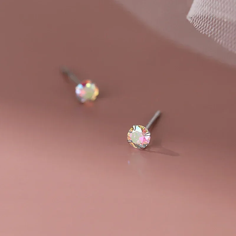INZATT Real 925 Sterling Silver Shiny Mini 3/4/5mm Round Fantastic Zircon Stud Earrings for Women Minimalist Piercing Ear Hole