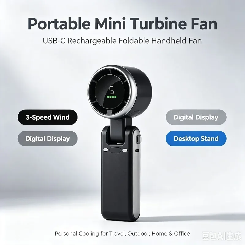 Portable Foldable Mini Handheld Turbine Fan USB‑C Rechargeable Multi‑Function Fan for Outdoor Home Travel