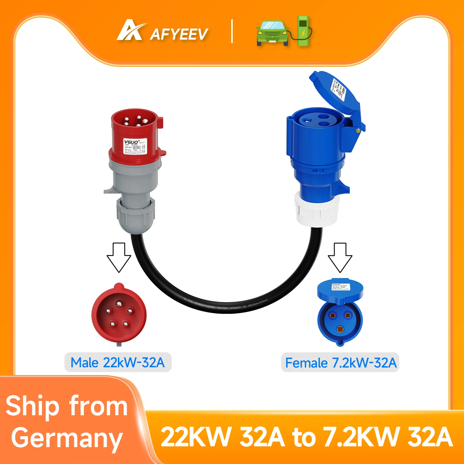 Elektrofahrzeug-Ladeadapter: Konvertiert von 22KW auf 7KW, 3-Phasen auf 1-Phasen, 32A CEE Rot Stecker 5-polig auf Blau Buchse 3-polig