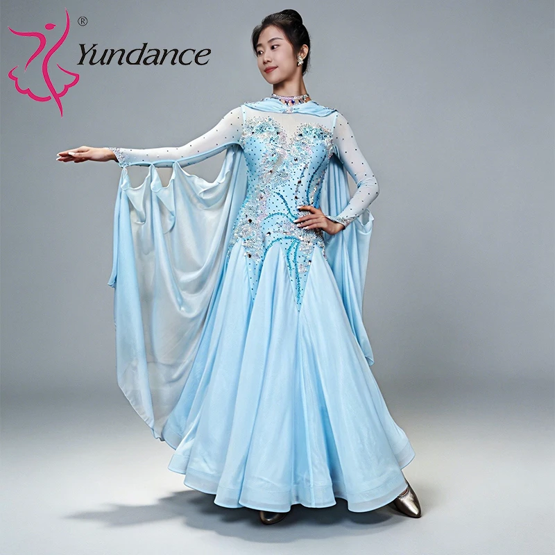 B-26069 Yundance Custom Blue Chiffon Lyrical Ballroom Dance Dress Flowing Stage Wear Women Waltz Competition High Quality