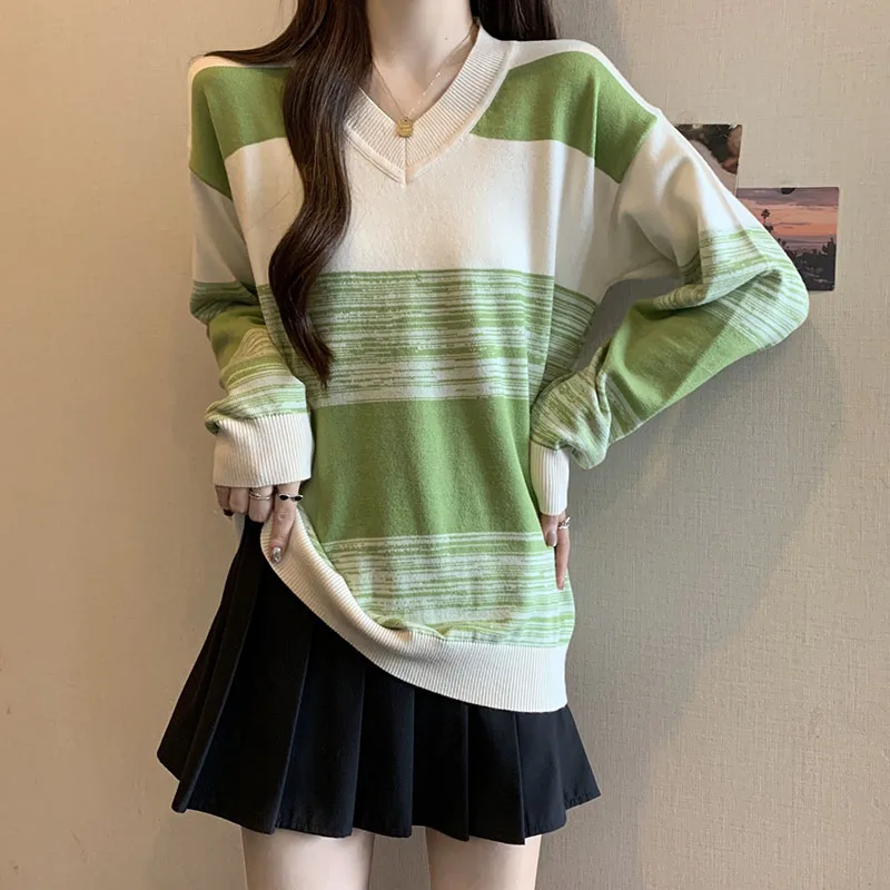 

Vintage Stylish Sweater Women Jumpers Tops Autumn Winter Long Sleeve V-neck Pullovers Elegant Fashion Chic Ladies Jumpers