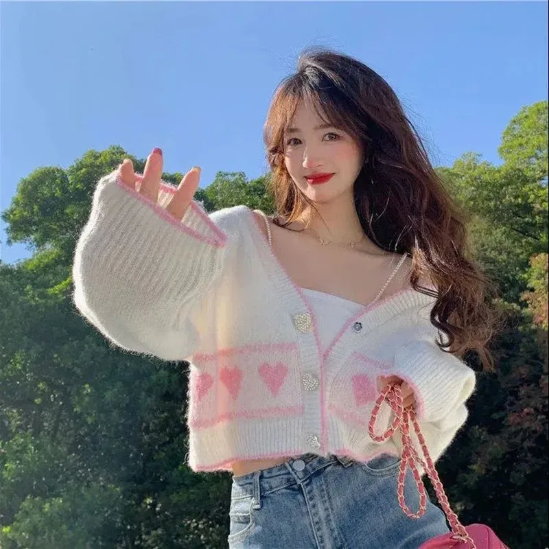 MEXZT Sweet Knitted Cardigan Women Korean Fashion Heart Button V Neck Print Sweater Coat Y2K Cute Loose Long Sleeve Crop Top New