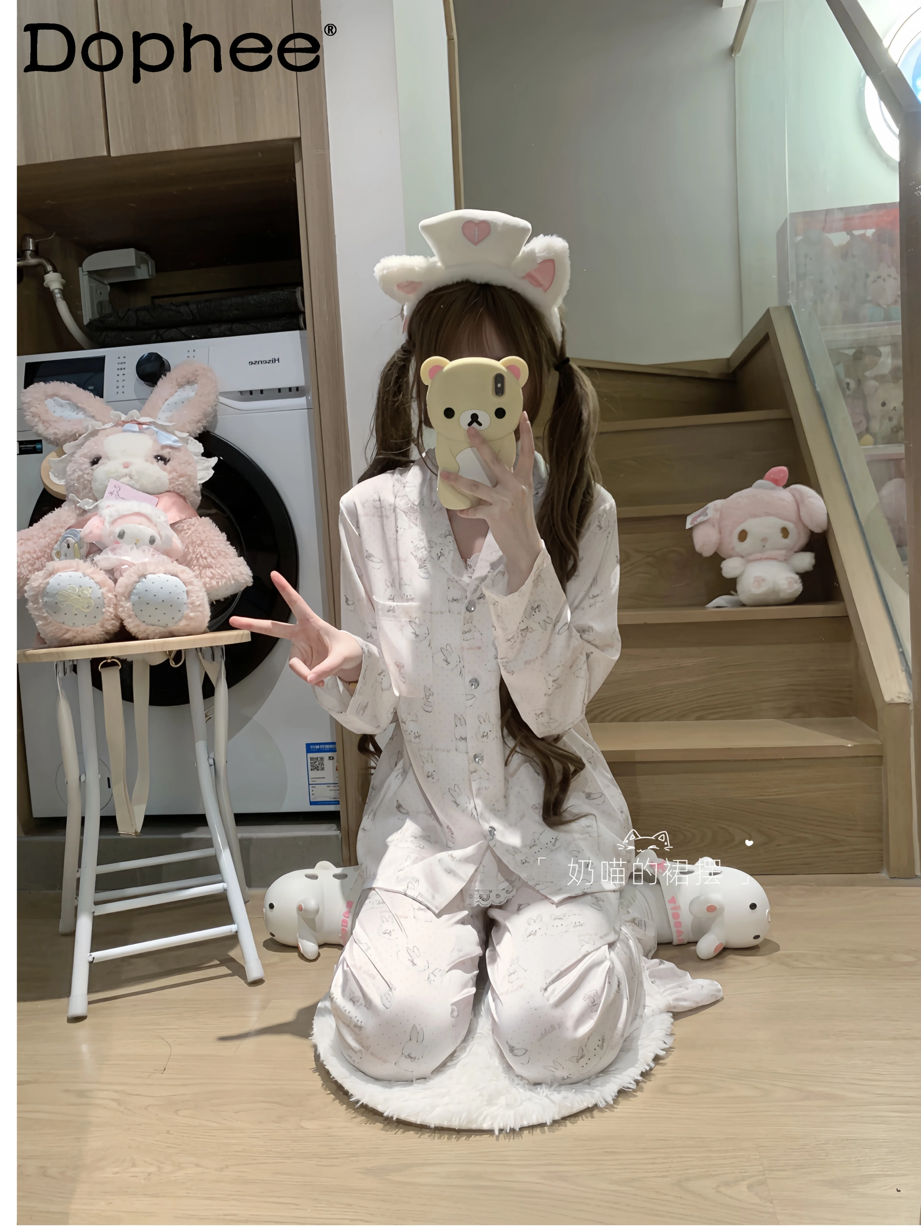 

Japanese Sweet Girl Cute Cartoon Printed Ice Silk Pajamas Suspender Ice Silk Casual Comfortable Soft Outdoor Loungewear Set