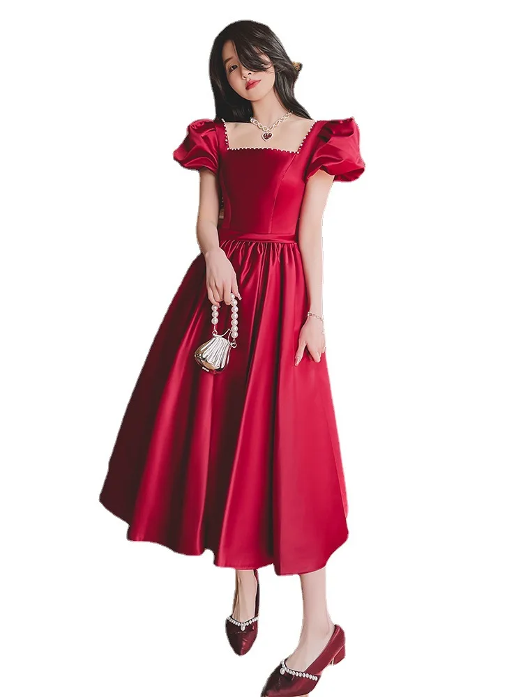 Burgundy Simple Evening Dress Luxury Satin Elegant Square Collar Puff Sleeve Backless Large Bow Mid-Long Homecoming Gowns