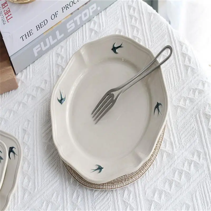 Ins Embossed Swallow Dinner Plate Japanese and Korean Style Dish Tray Household Dessert Bird Salad Dish Set Kitchen Dinnerware