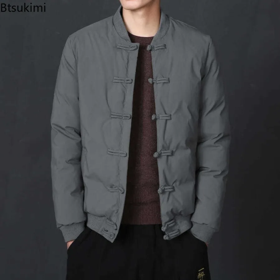 New 2025 Winter Men's Chinese Style Parkas Casual Retro Black Coat for Men Fashion Chinese Knot Buttons Vintage Cotton Clothes
