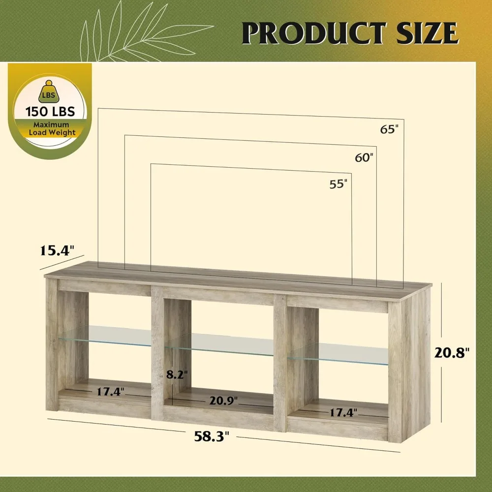 Suporte de TV LED WLIVE para TV de 65 polegadas, centro de entretenimento moderno com prateleiras de vidro ajustáveis e luzes LED personalizáveis, resistente M