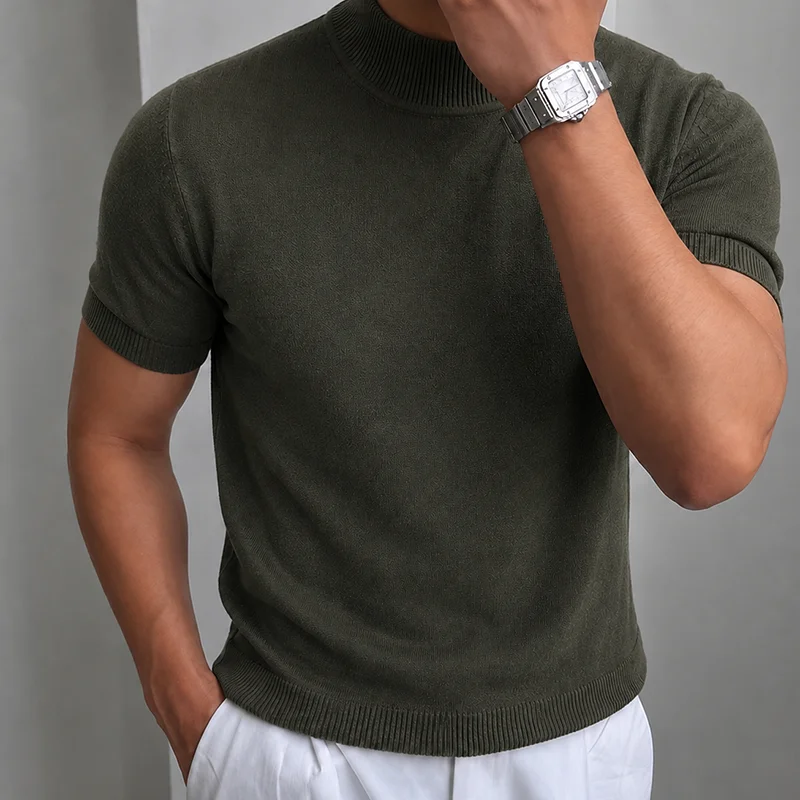 Herren Casual Einfaches Strick-T-Shirt Halbhoher Kragen Weicher Komfort Modisch Einfarbiges Strick-Kurzarm-T-Shirt Mock Neck Pullover – Detail 18