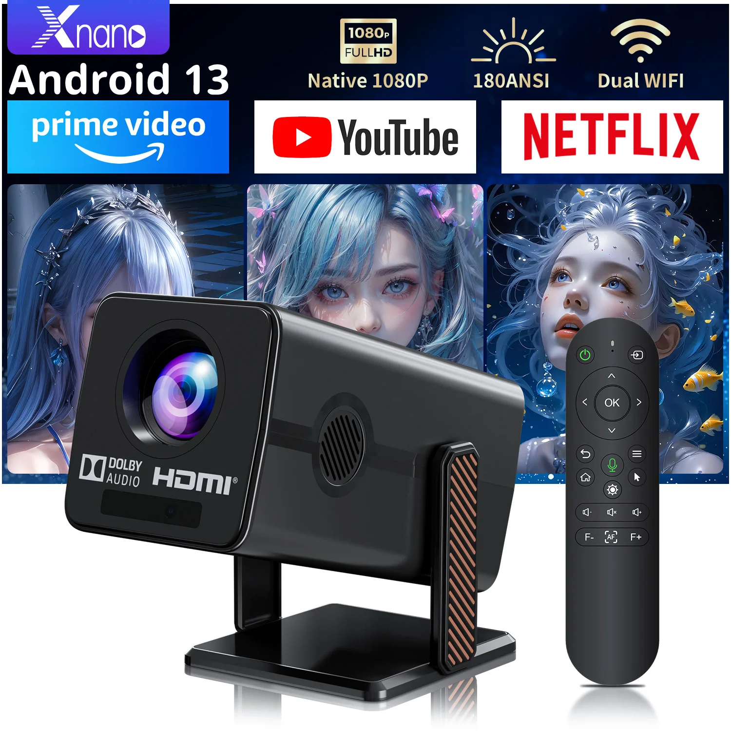 

Xnano Projector 4k Android 13 Dual Wifi6 BT5.2 1080P 1280*720P Home Cinema Outdoor Smart Voice Remote Control Projetor