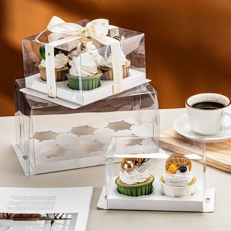 

10 Sets 4/6-hole Paper Cupcake Boxes Birthday Party Pastry Decoration Gift Box Party Baking High Transparency Square Case