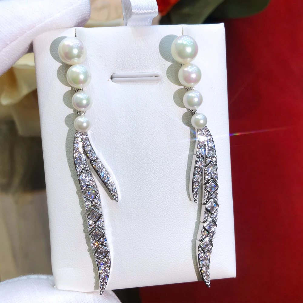 Missvikki 71mm Long Pearls Feather Pendant Dangle Earrings For Women Daily Party Show Fashion Shiny Luxury Parure Bijoux Femme