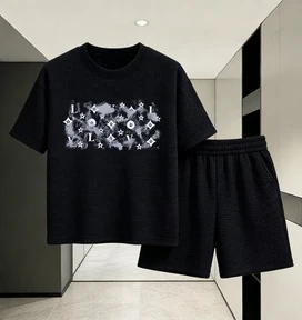 

Men Luxury Monogram Print 2 Piece Outfit Waffle Knit Tshirt + Shorts Set Casual Summer Streetwear Tracksuit Black Designer Style