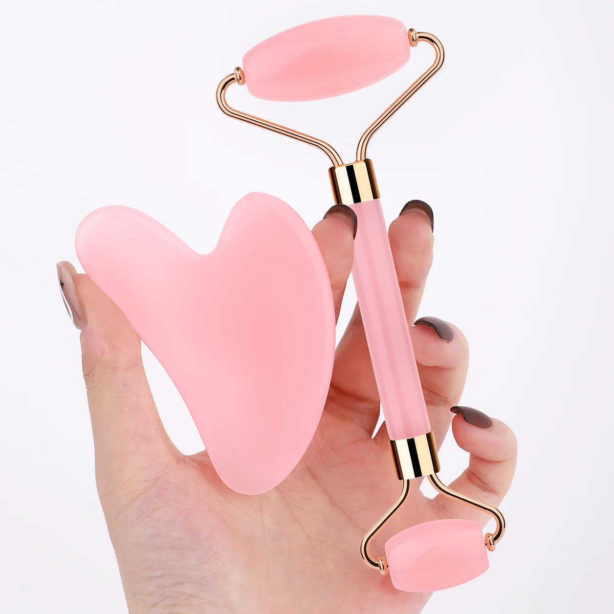 2 pièces de massage à rouleaux à double tête en jade naturel Shi Ying et ensemble de planche à gratter en forme de coeur, l'outil parfait pour les soins du visage,