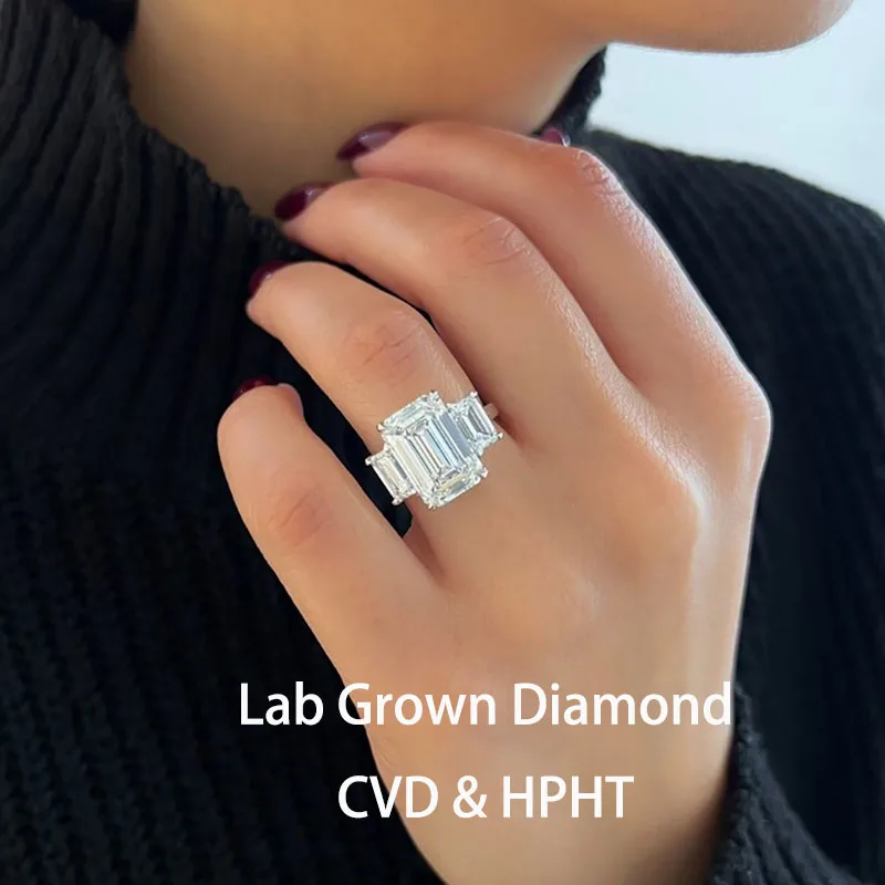 Huge 9 Ctw Emerald Cut Lab Grown Diamond Engagement Ring IGI Certified EF Color VS VVS Clarity Three Stone  14K Gold