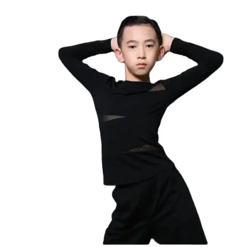 1pcs/lot Latin Dance Shirt Boys Costumes Black Long Sleeve Latin  Cha Cha Samba Ballroom Latin Dance top