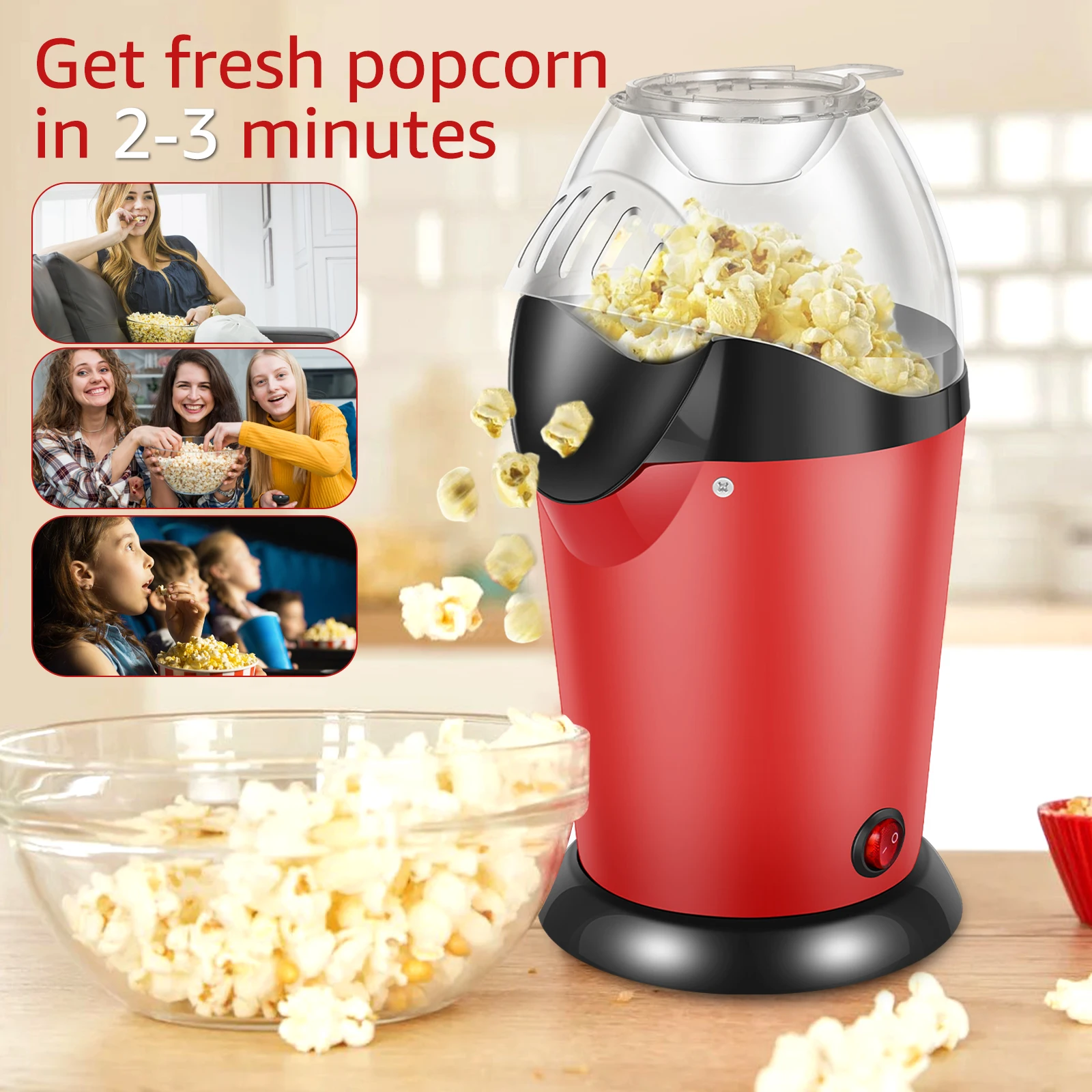 1200W Electric Popcorn Machine Reusable Hot Air Popcorn Maker with Measuring Cup Top Lid DIY Oil-Free Healthy for Home Party