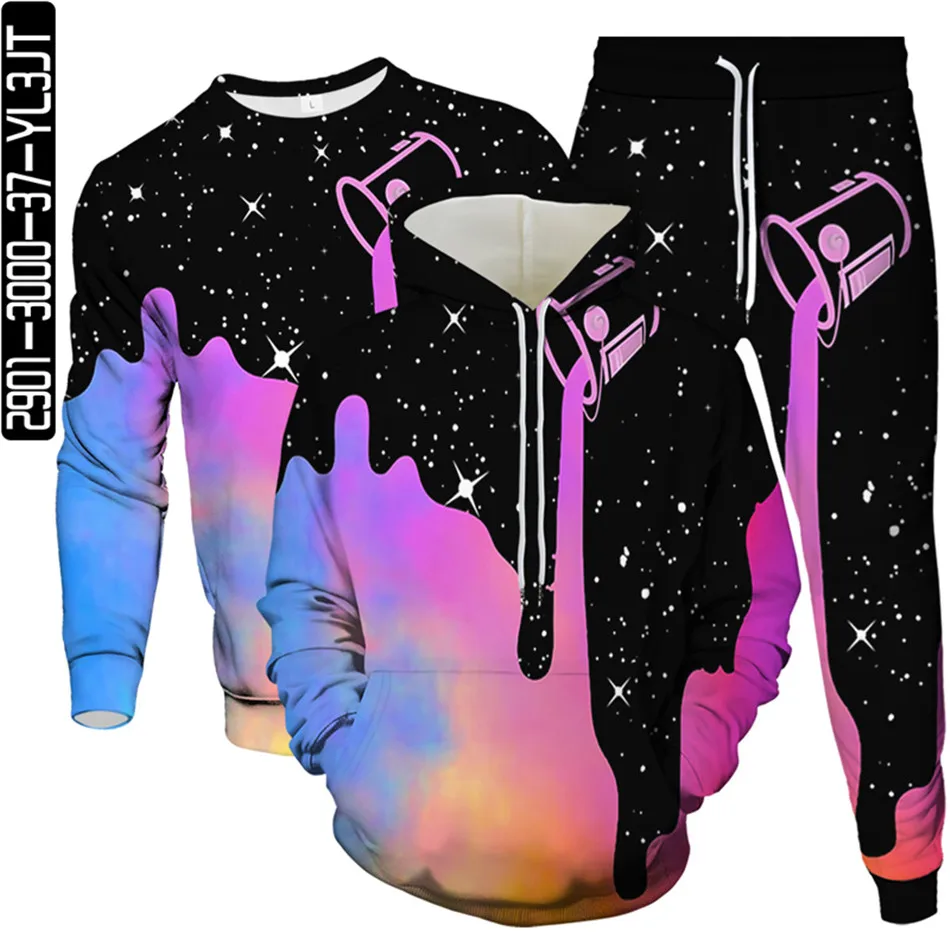 Harajuku Drop Colorful Milk Vortex Galaxy Print Homme Clothes Suit Hoodies+Sweatshirt+Trousers 3Pc Men Tracksuit Teen Unisex Set