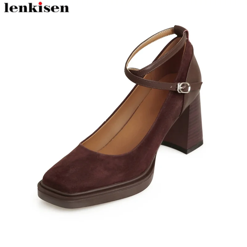 

Lenkisen 2023 Sheep Suede Square Toe Thick High Heels Summer Shoes Elegant Dating Ankle Straps Platform Nightclub Women Pumps