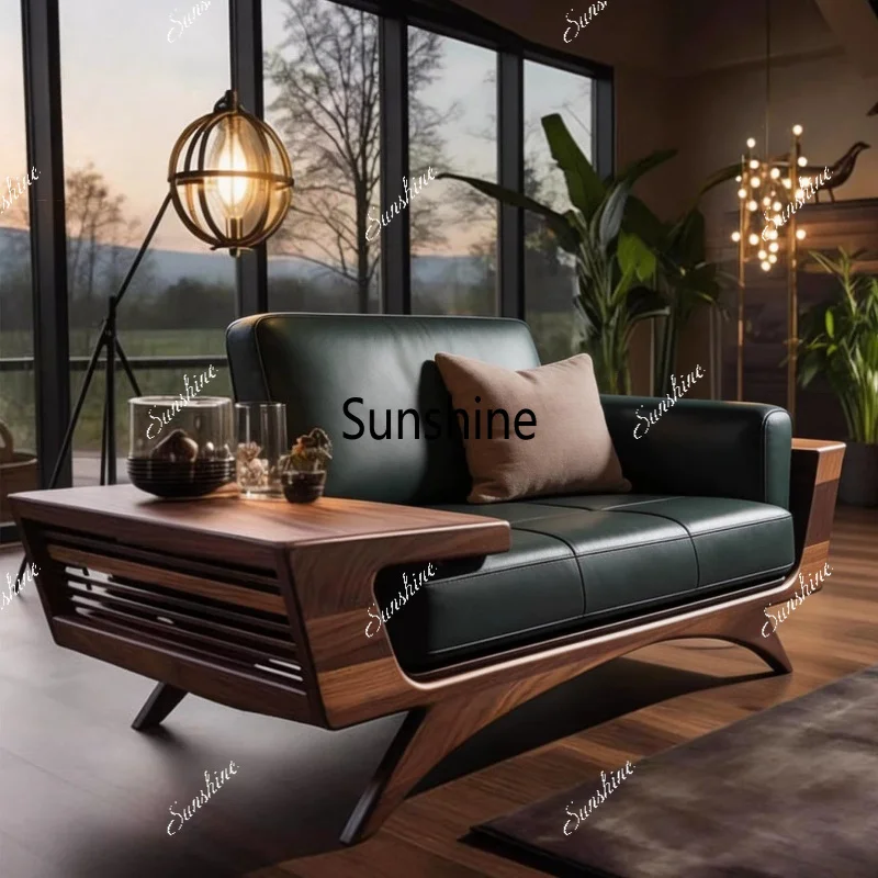 New Chinese-style solid wood sofa villa high-end single-seat leather sofa