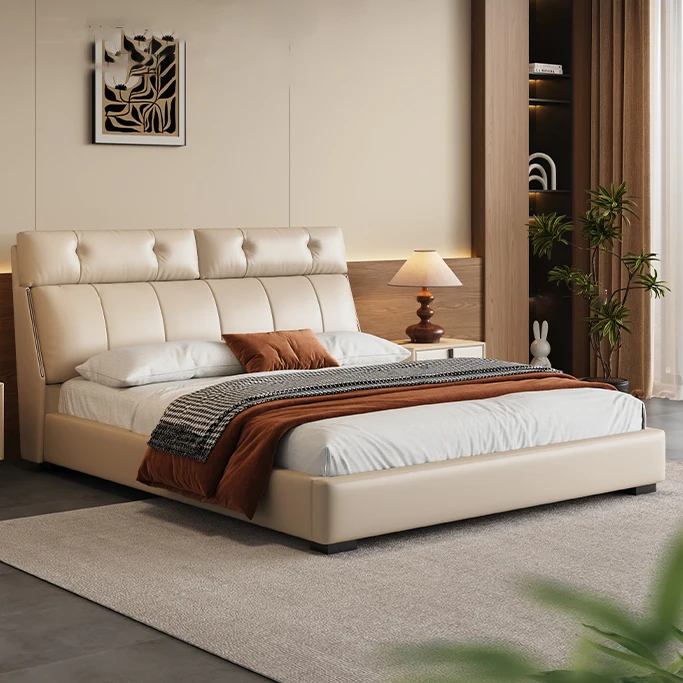 For Luxury Modern Italian Bed Soft Leather Bed Frame king Size Genuine Leather Beds Adjustable Bedroom Furniture Set