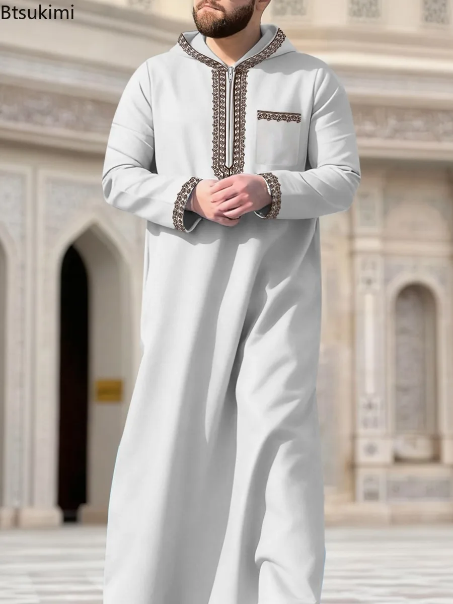 

Moroccan Men Jubba Thobe Muslim Fashion Abayas Luxury Embroidered Hooded Design Arabic Islamic Clothing Loose Casual Robe Kaftan