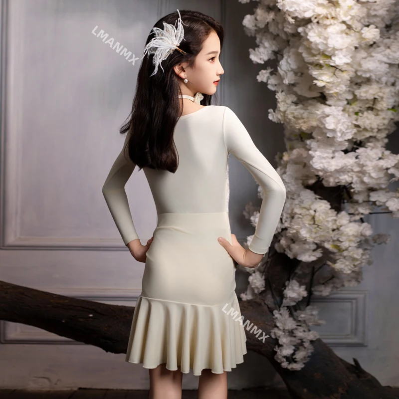 Vestido de prática de dança latina infantil, outono e inverno, para meninas, prática profissional, vestido de performance dividido