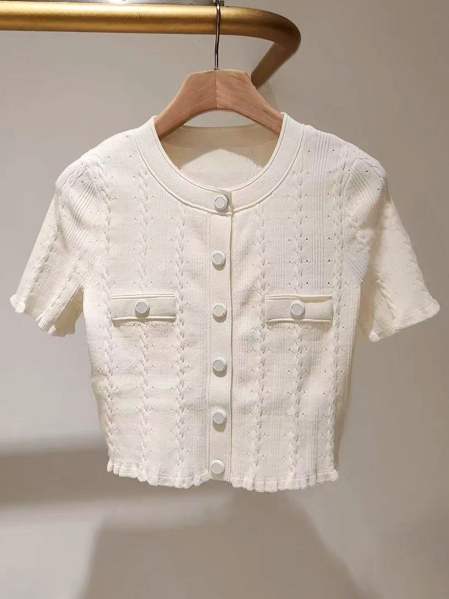 

Slim Fit ort Knitted Open Cardigan Top Women's Faion Sle Commute Simple Hollow out round Ne ort Sve Color