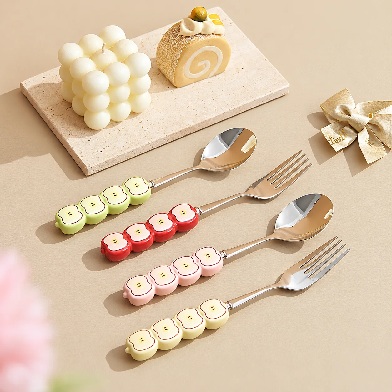 Stainless Steel Dessert Spoon Light Green Dessert Spoon And Fork Set Fruit-Shaped Handle Fork Red Stainless Steel Dessert Fork