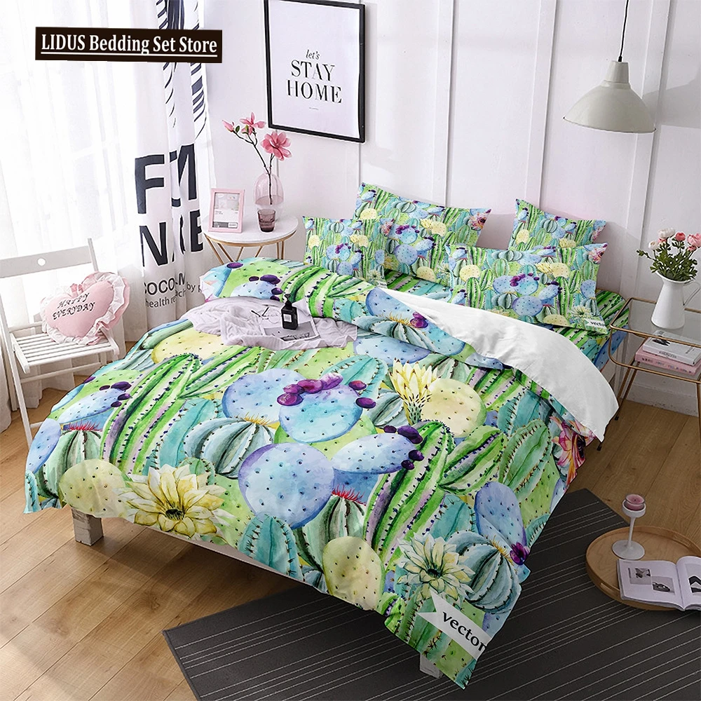 

Cactus Duvet Cover Set King Queen Size Tropical Botanical Garden Print Green Plant For Girls Boys Teen Polyester Bedding Set