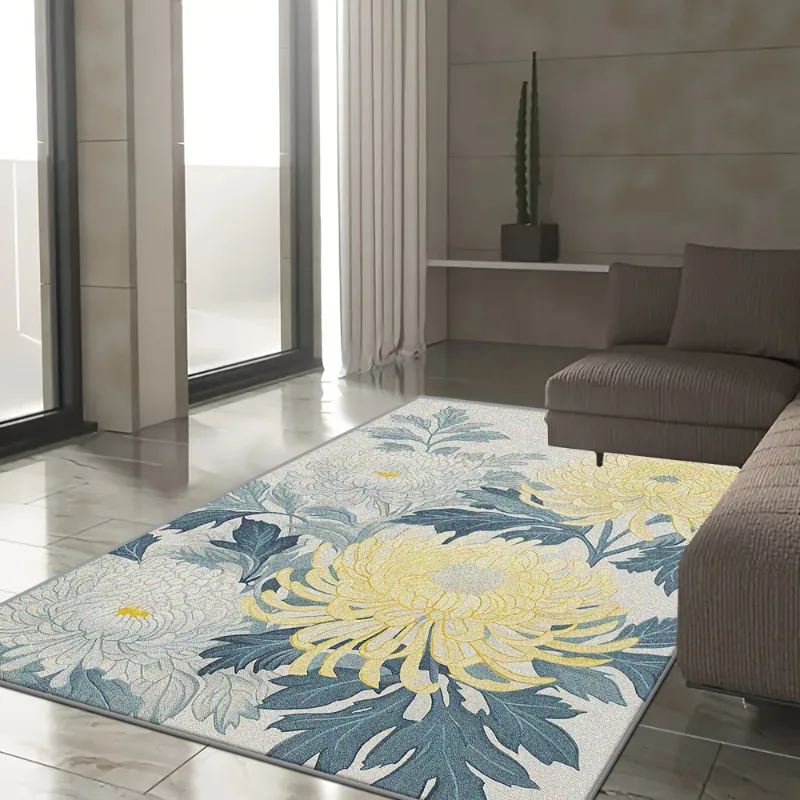 Vintage Yellow Chrysanthemum Floral Area Rug Blue Leaf Art Flower Print Floor Carpet for Living Room Bedroom Decor Gift Ornament