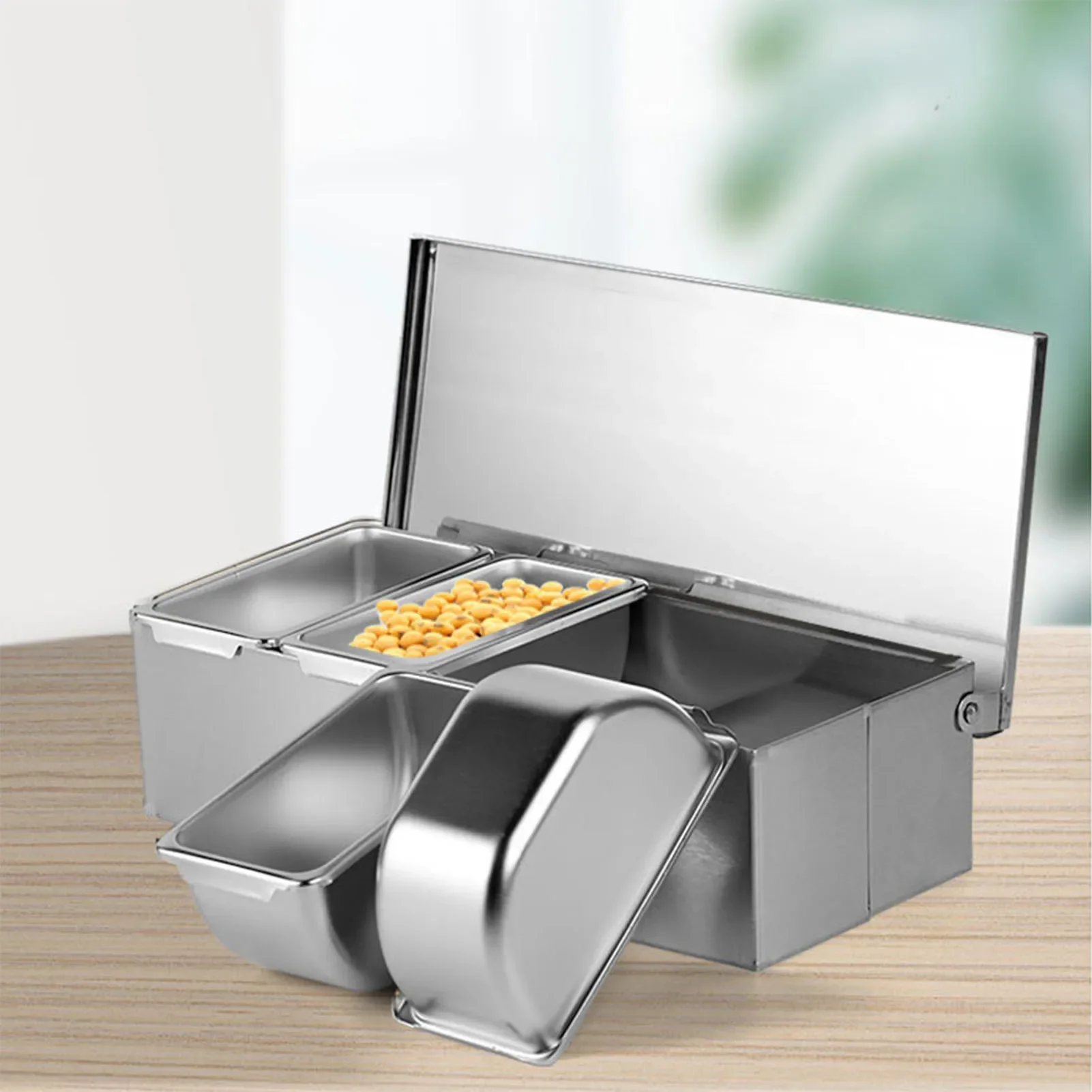 

Stainless Steel Seasoning Box 4 Compartment Trays Large Capacity Storage Seasoning Case for Kitchen