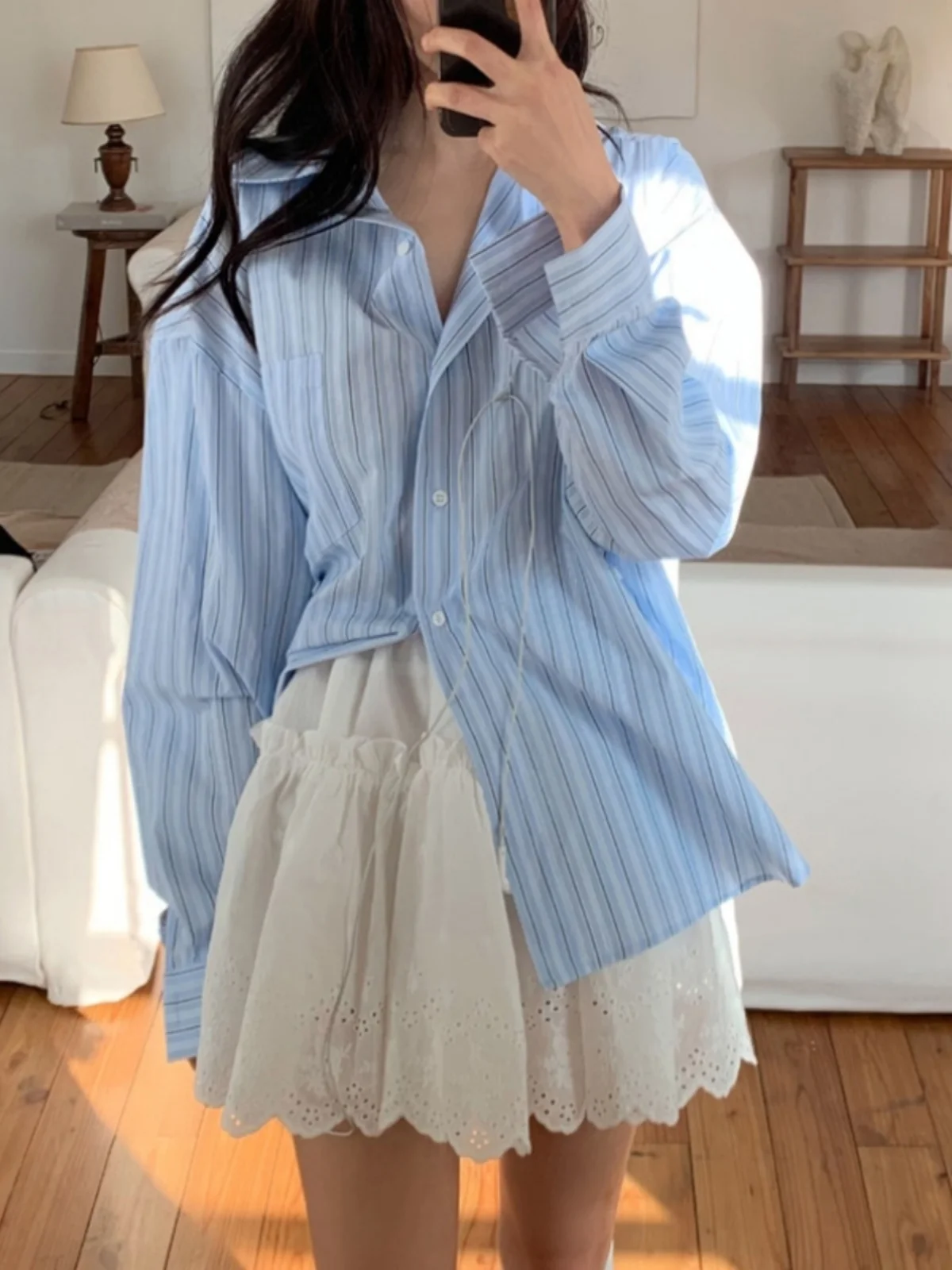 

Korean Sle Sweet Casual Blue Striped Button up irt Women's Spring Faion plus Embroidered Skirt Two Piece Set