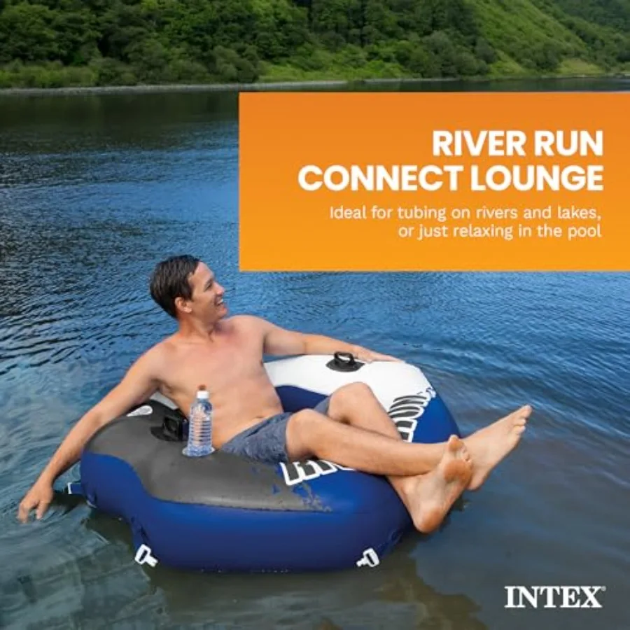 River Run Connect inflatable floating lounge for pool use PVC material blue color comfortable backrest with built-in cup holder