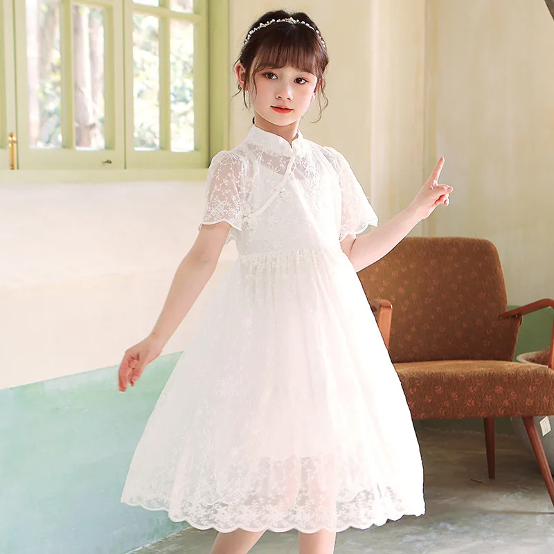 

Girls Lace Skirt 2022 Summer Improved Chinese Style White Hollow Mesh Puff Skirt Short Sleeve Female Cute Elegant Dress