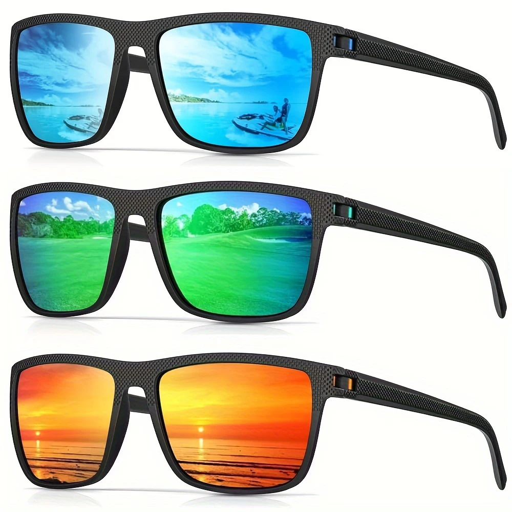 3 pcs Square Polarized Sunglasses Men Women Fashion Reflective Coating Driving Fishing Sports Sun Glasses UV400