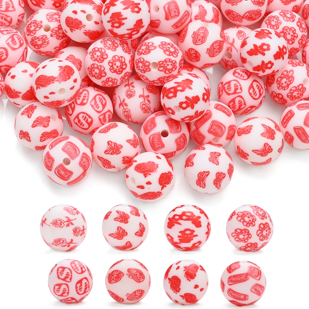 

10 шт. 15 мм силиконовые бусины с красным принтом, любовные бусины для детских ремешков, цепочка для соски, жевательные пустышки, аксессуары для цепочек-зажимов