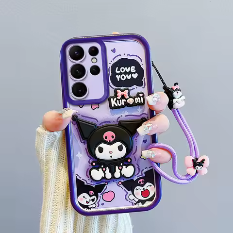 3D Cartoon Kuromi Case For Samsung Galaxy A16 A35 A36 A55 A56 S20 S21 S22 S23 S24 FE S25 Plus Ultra 5G Wrist Strap Soft Cover