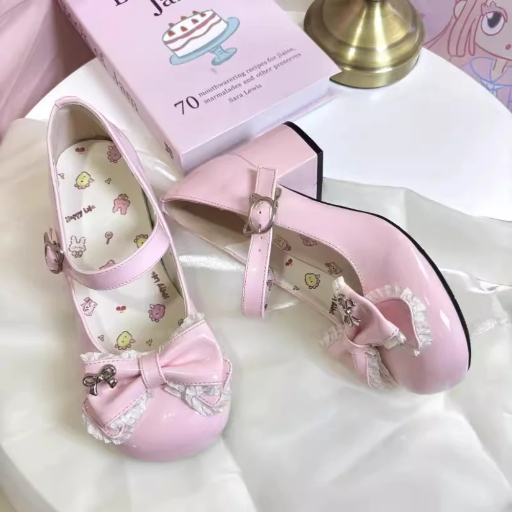 

Lolita Kawaii High Heels Pink Women Shoes Cute Casual Round Head Leather Bow Princess Mary Jeans Single Shoe Platform Heel Pumps