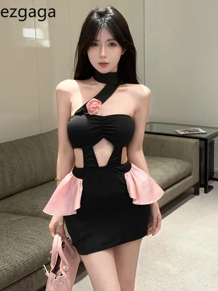 

Ezgaga Woman Dress Sleeveless Hollow Out Slim Ruffles Patchwork Slim Stretch Flowers Party Mini Dresses Elegant Clubwear