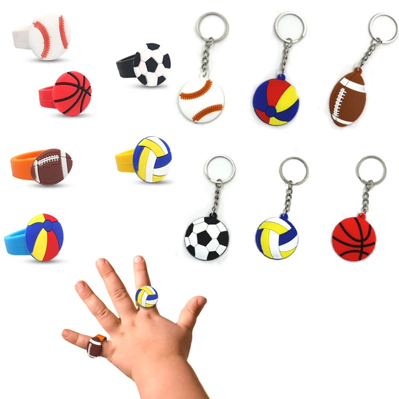 6pcs Sports Series Rings Keychains Football Basketball Volleyball Baseball Beach Ball Rugby Rings Pendant Kids Jewellery Gifts