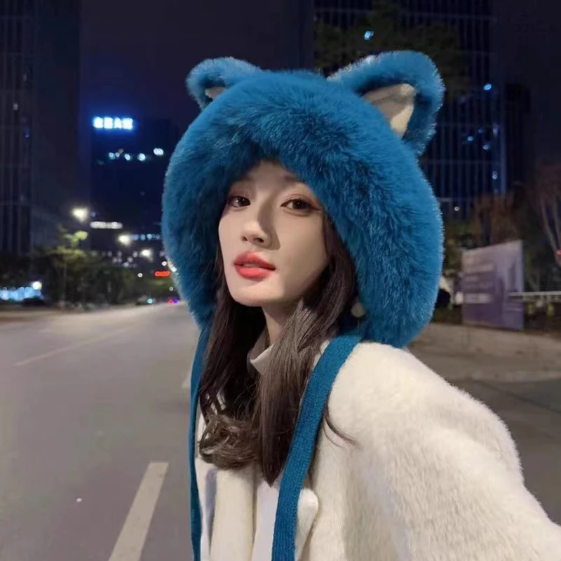 Korean Version of Cute fox Cat Ear Plush Ear Protection Hat Female Autumn Winter Velvet Thickened Cycling Warm Beanies Skullies