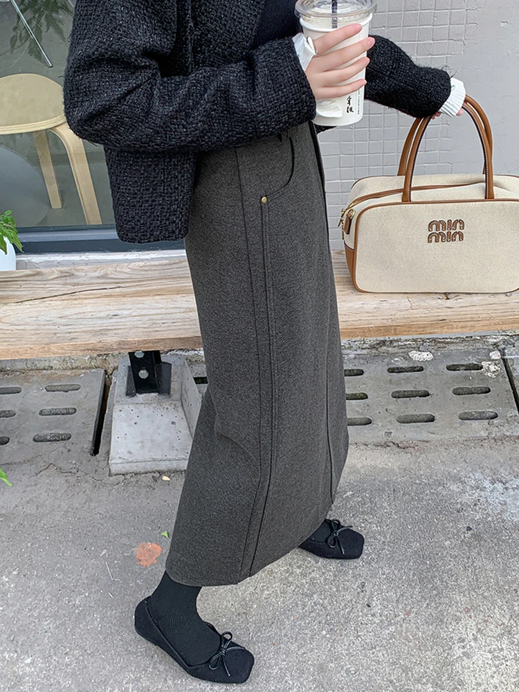 تنورة طويلة كلاسيكية عالية الخصر للسيدات 2025 تنانير صوفية شتوية دافئة مع حزام مستقيم سبليت لف ماكسي تنورة سوداء ورمادية للسيدات