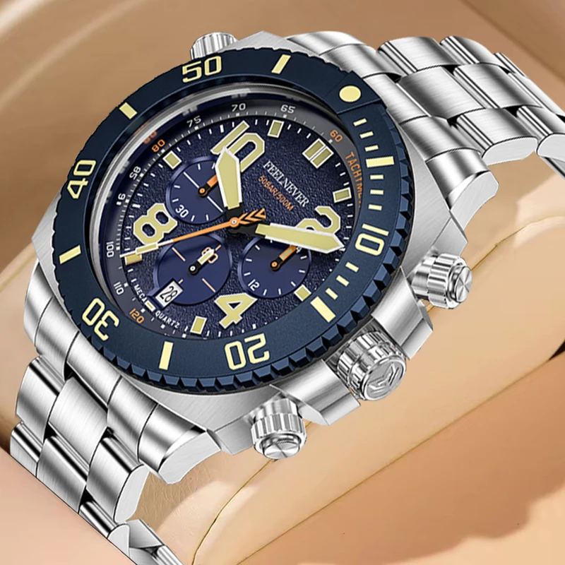 

FeelNever Casual Sport Quartz Man Watch 316L Stainless Steel Band Sapphire Big Dial Men's Watches Waterproof Luminous Date Clock