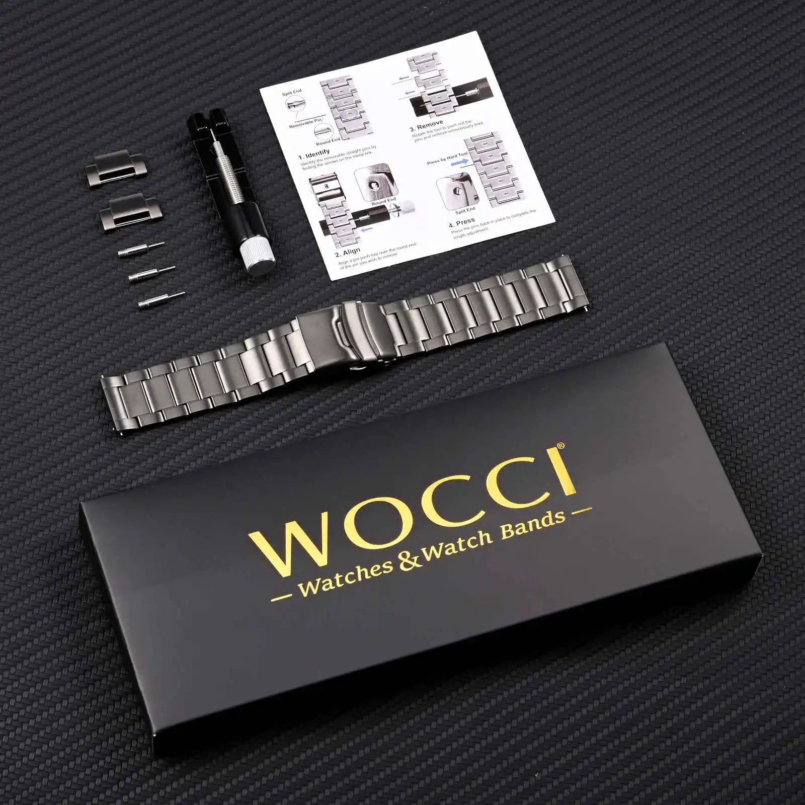 Brush Matte Finish Metal Watch Band Stainless Steel Bracelet Straps 18mm/20mm/22mm/24mm Double Buckle Black or Silver,Gold